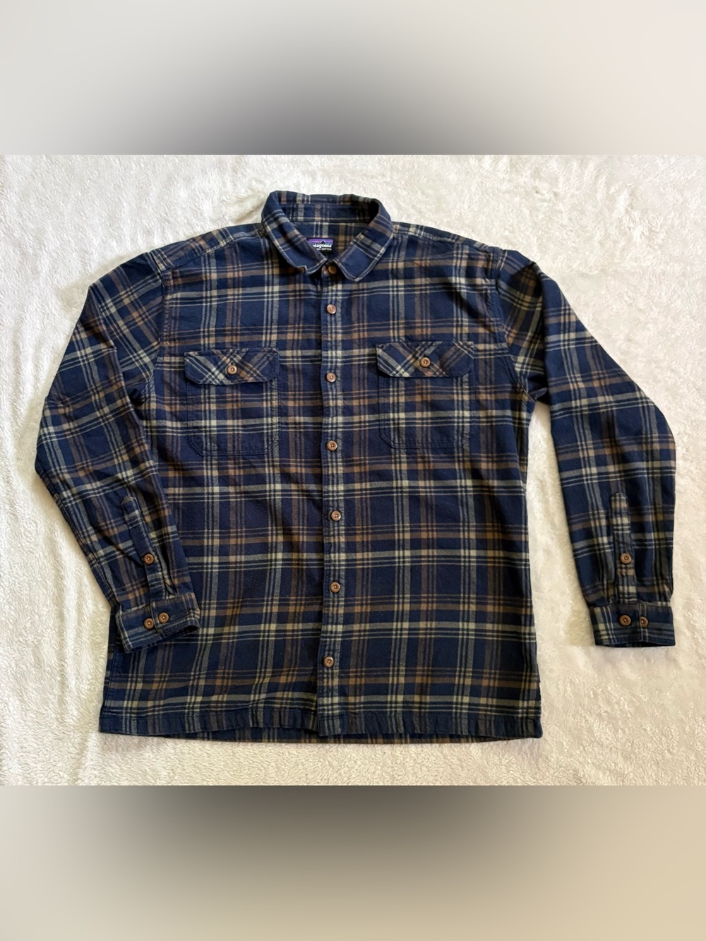 Patagonia Fjord Organic Cotton Blue and Tan Plaid Men’s Flannel Shirt XL
